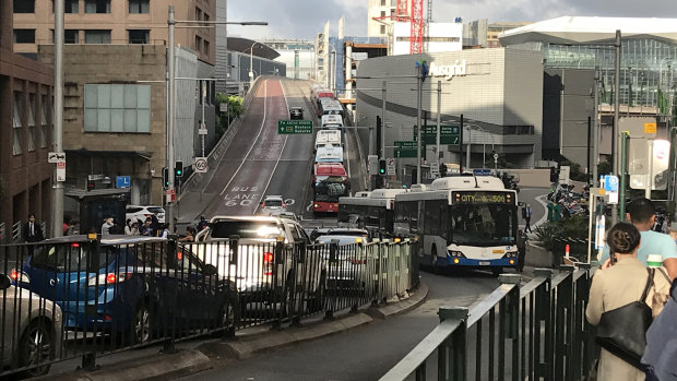 A broken-down bus 506 blocked Druitt St in Sydney's CBD on Thursday morning.