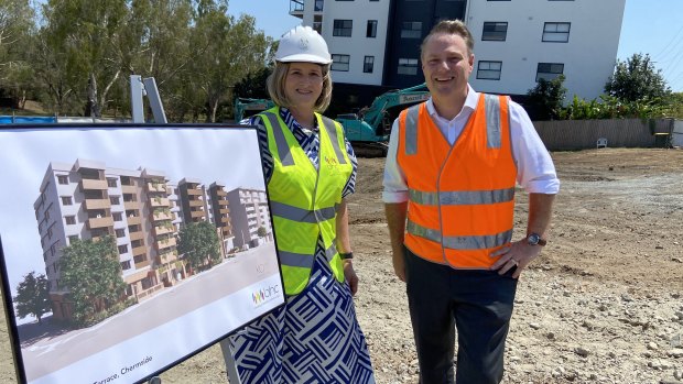 Brisbane Housing Company’s Greta Egerton with Lord Mayor Adrian Schrinner at the 92-unit community housing development in Chermside on Tuesday.