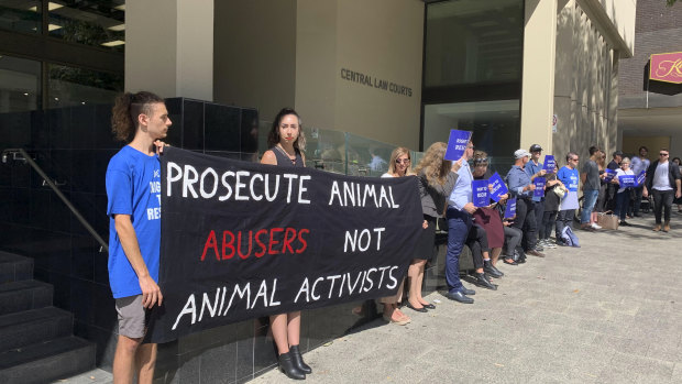 Animal activists outside court.