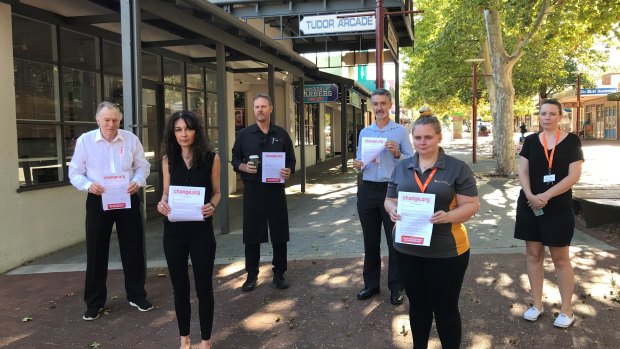Jull Street Mall business owners at the launch of the one way street petition.