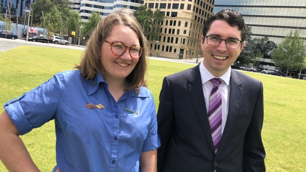 Perth MP Patrick Gorman at Elizabeth Quay with Girl Guide Amber Micale, who was shadowing the Labor politician as part of the Girls Takeover Parliament project.