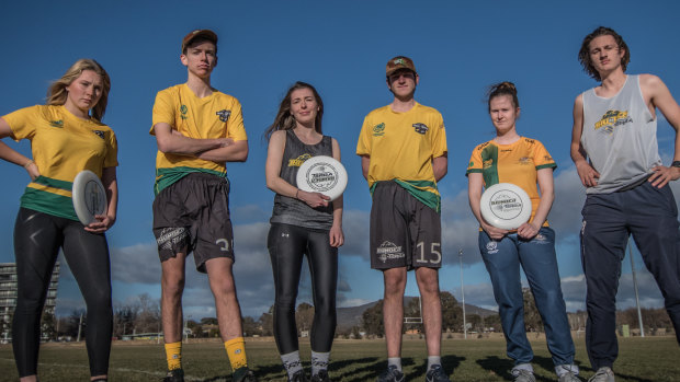 ACT members of Australia's ultimate frisbee under 20 world championship team. from left, Thea Ormond, Aidan Baron, Miriam Downey, Nicholas Hodson, Rachel Joyce and Ollie Speldewinde. 