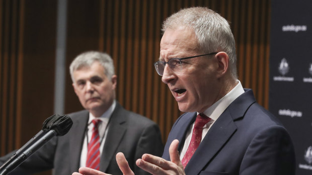 NBN Co CEO Stephen Rue and Minister for Communications, Cyber Safety and the Arts Paul Fletcher during a press conference at Parliament House in Canberra on  Wednesday.  