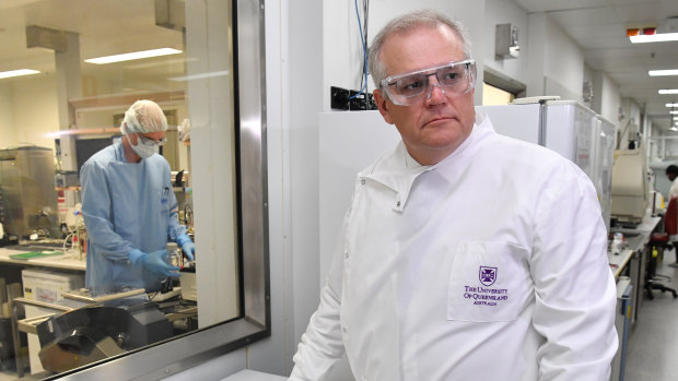 Prime Minister Scott Morrison during a tour of the University of Queensland Vaccine Lab in October, before the government ended its collaboration.