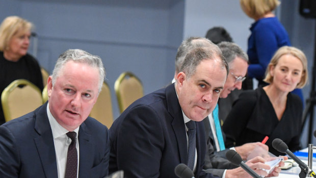 Nine chief executive officer Hugh Marks (left) and ABC managing director David Anderson (right) at the press freedom inquiry on Tuesday.