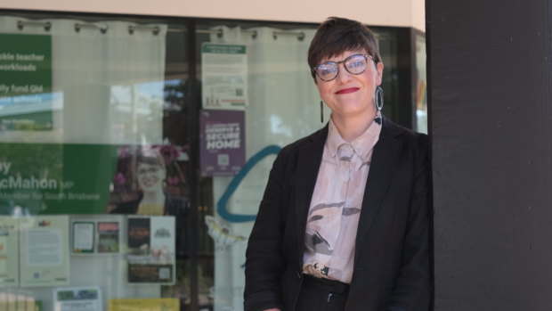 MacMahon outside her state electorate office on Vulture Street, West End. 