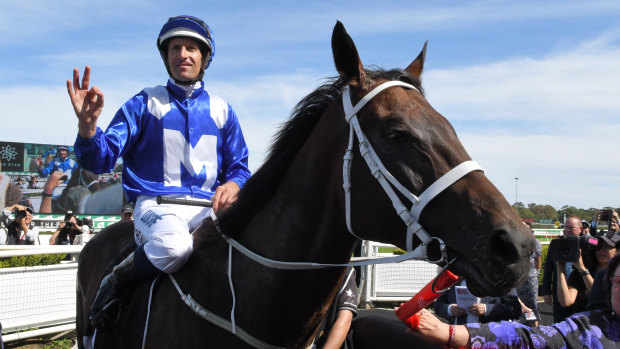 She's apples: Hugh Bowman returns on Winx after her 30th consecutive win in the Apollo Stakes.