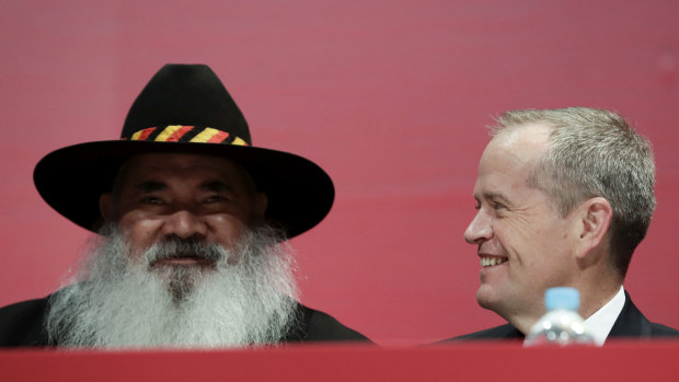 Senator Pat Dodson and Opposition Leader Bill Shorten during the launch of Labor's Reconciliation Action Plan at the ALP national conference.