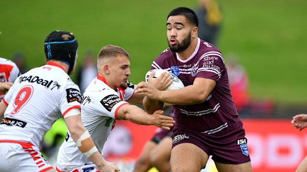 Titmuss in action against the Dragons during the 2019 Jersey Flegg competition.