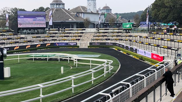 Les Bridge, trainer of the winner Classique Legend, watches The Everest by himself from the mounting yard.