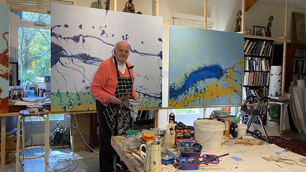 John Olsen in his NSW Southern Highlands studio during lockdown in 2021.