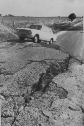 "Huge mound is pushed up and deep fissures open closing the main road between York and Meckering. The hump in the road is 6ft. high." October 15, 1968.  