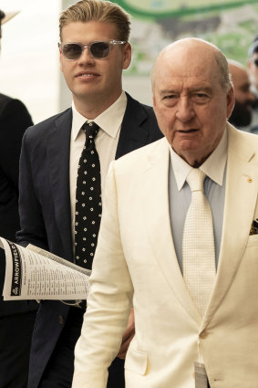 Jake Thrupp and Alan Jones arrive at the Inaugural Golden Eagle Day Horse Race at Rosehill in November.