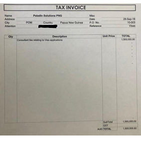 An invoice to Paladin from a businessman.