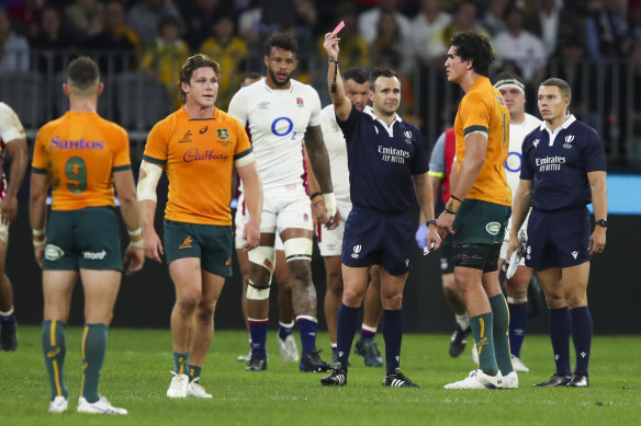 Darcy Swain sees a red card against England in Perth in 2022.