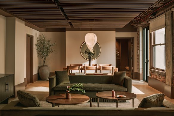 A room’s lounge area at The Winfield in downtown Los Angeles.