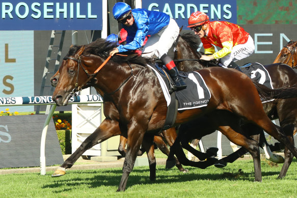 James McDonald looks at the camera as Anamoe scores tough win in the George Ryder Stakes.