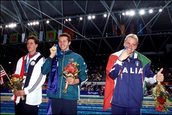 Klete Keller, left, after finishing third behind Ian Thorpe in the 400m freestyle at the Sydney 2000 Olympics.