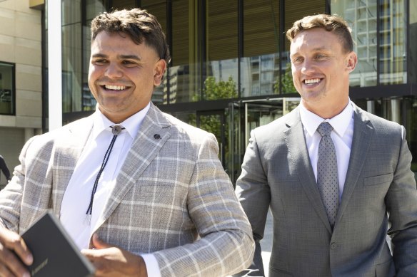 Latrell Mitchell and Jack Wighton outside the ACT Magistrates Court in November.