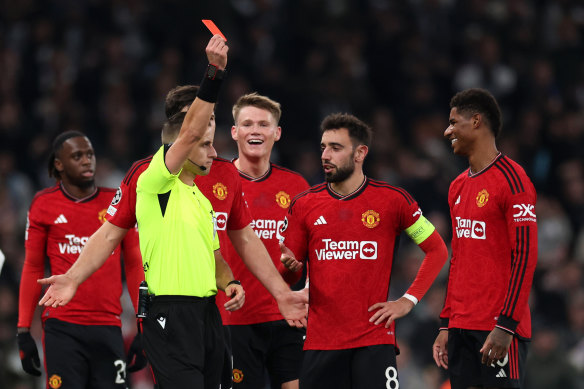 Marcus Rashford (far right) was sent off late in the first half for Manchester United.