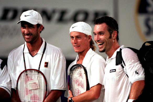 Darren Cahill with Lleyton Hewitt and Pat Cash before a charity match.