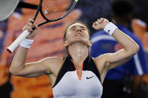Simona Halep celebrates a hard-fought win over Ajla Tomljanovic.