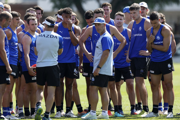 Alastair Clarkson addresses his players at pre-season training.