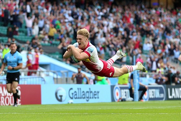 Louis Lynagh scores for Harlequins during the English Premiership final in June at Twickenham.