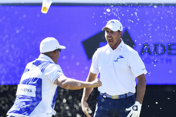 Chase Koepka celebrates his hole in one in LIV Golf’s Australian event.