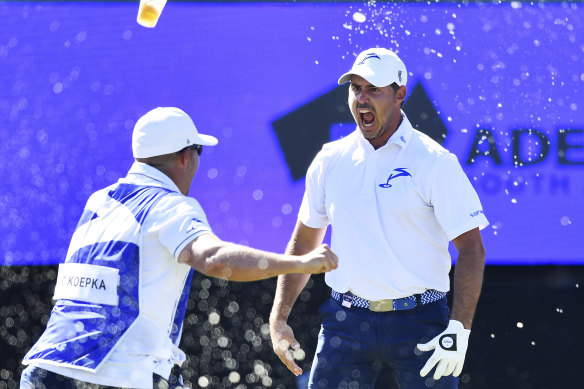 Chase Koepka celebrates his hole-in-one on Sunday.