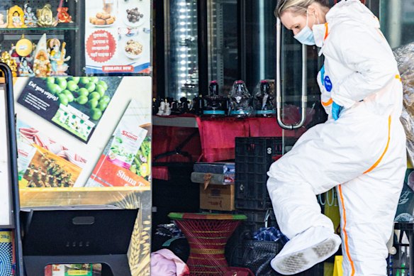 NSW Police Forensics, a bloodied towel and a doorway where a person died in Merrylands following  a knife attack. 