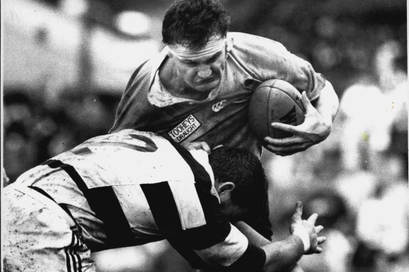 Waratah forward Tim Kava clashing with Auckland’s Sean Fitzpatrick in South Pacific Championship clash in 1989.