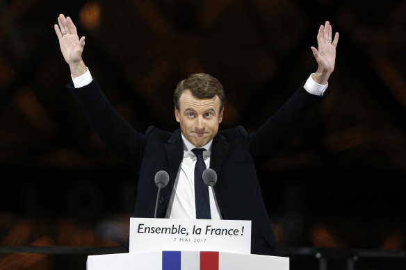 Emmanuel Macron during his victory speech after winning the presidency in 2017.