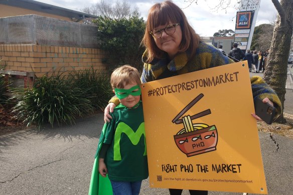 Kersti Skinner and Jude, aka Market Man, at the demonstration at Preston Market on Saturday.