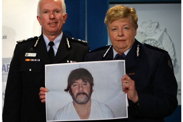 Former AFP deputy commissioner John Lawler with the-then Victoria Police chief commissioner Christine Nixon after Mokbel’s arrest in 2007.