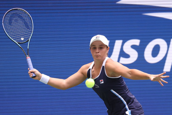 Ashleigh Barty returns the ball to Vera Zvonareva during their first round encounter at the US Open.