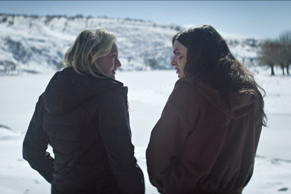 Elisabeth Moss and Yumna Marwan in a scene from The Veil.