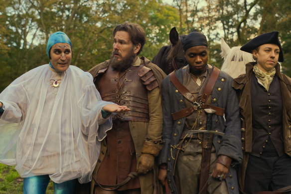Noel Fielding (left) with his Essex Gang (Marc Wootton, Duayne Boachie, Ellie White) in The Completely Made-Up Adventures of Dick Turpin.