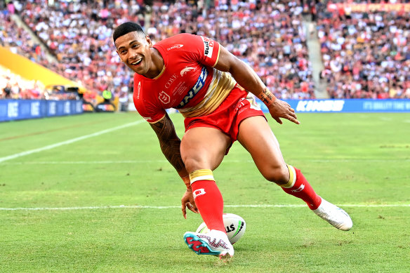 Jamayne Isaako of the Dolphins celebrates a try during the NRL Round 12  match between the Redcliffe Dolphins and the Melbourne Storm at Suncorp  Stadium in Brisbane, Saturday, May 20, 2023. (AAP