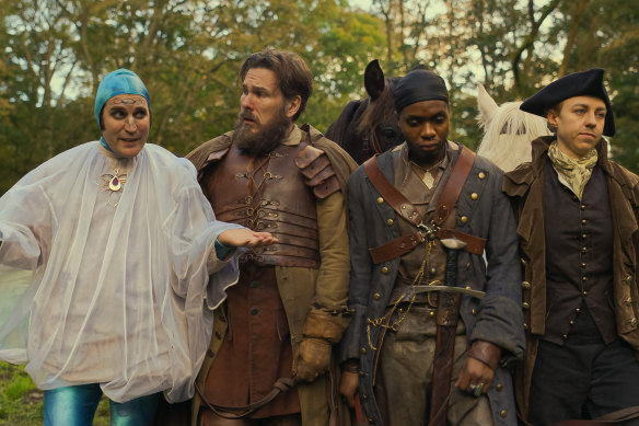 Noel Fielding (left) with his Essex Gang (Marc Wootton, Duayne Boachie, Ellie White) in The Completely Made-Up Adventures of Dick Turpin.