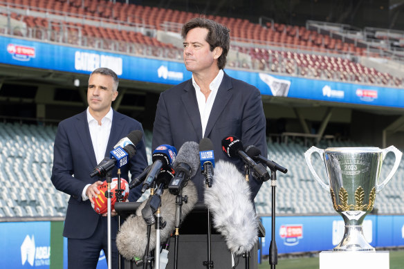 Premier of South Australia Peter Malinauskas with AFL CEO Gillon McLachlan at the launch of Gather Round at Adelaide Oval.