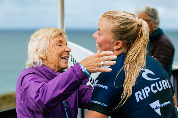 Teenager Ellie Harrison with her grandma after another upset win.