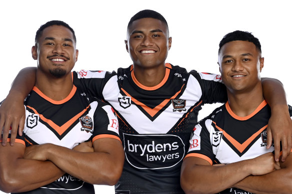 The Fainu brothers, (from left to right) Sione, Samuela and Latu. Latu will make his NRL debut alongside Samuela on Saturday.