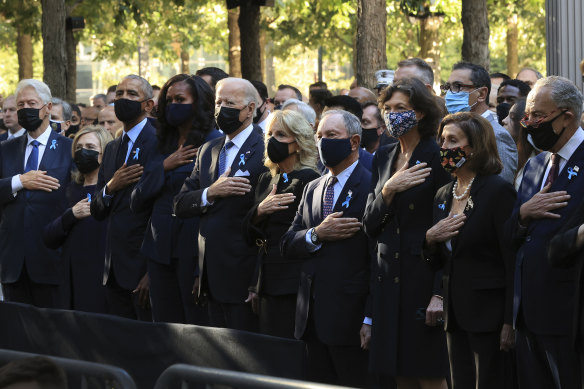 From left, former president Bill Clinton, former first lady Hillary Clinton, former president Barack Obama, Michelle Obama, President Joe Biden, first lady Jill Biden, former New York mayor Michael Bloomberg, Bloomberg’s partner Diana Taylor, Speaker of the House Nancy Pelosi, and Senate Majority Leader Charles Schumer, at the National 9/11 Memorial and Museum in New York.