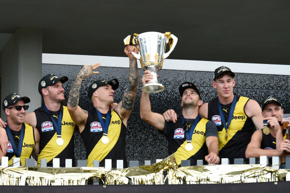 The Tigers celebrate on the Gold Coast. 