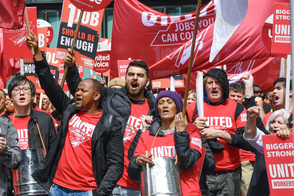 Members from union United Voice marching for improved Crown Casino workers' wages and conditions. 