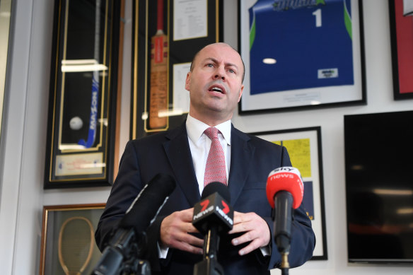 Treasurer Josh Frydenberg at a press conference at his Victorian offices earlier this month. 
