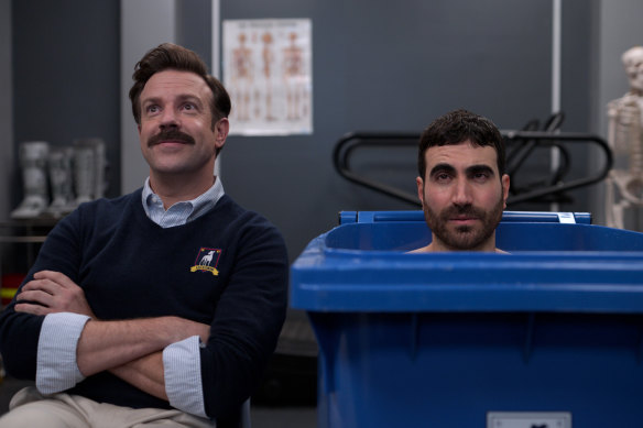 The circle of laugh: Sudeikis with Brett Goldstein as Roy Kent, a character clearly inspired by Roy Keane, whom Brendan Hunt used to impersonate on stage in the early naughties. 