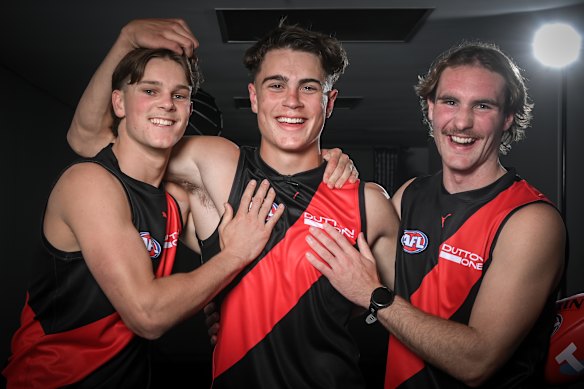 Essendon’s first-round selections, Jacob Farrow, Sullivan Robey, and Dyson Sharp.