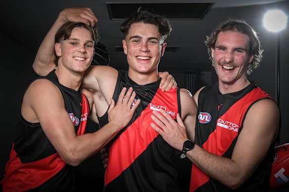 Essendon’s 2025 first-round selections (from left), Jacob Farrow, Sullivan Robey and Dyson Sharp.